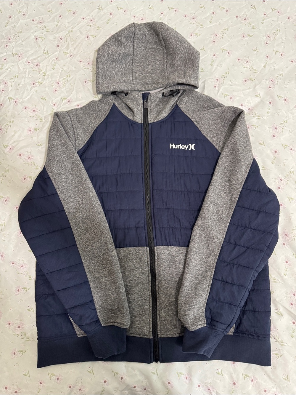 Hurley Men’s Navy and Gray Hooded Puffer Jacket